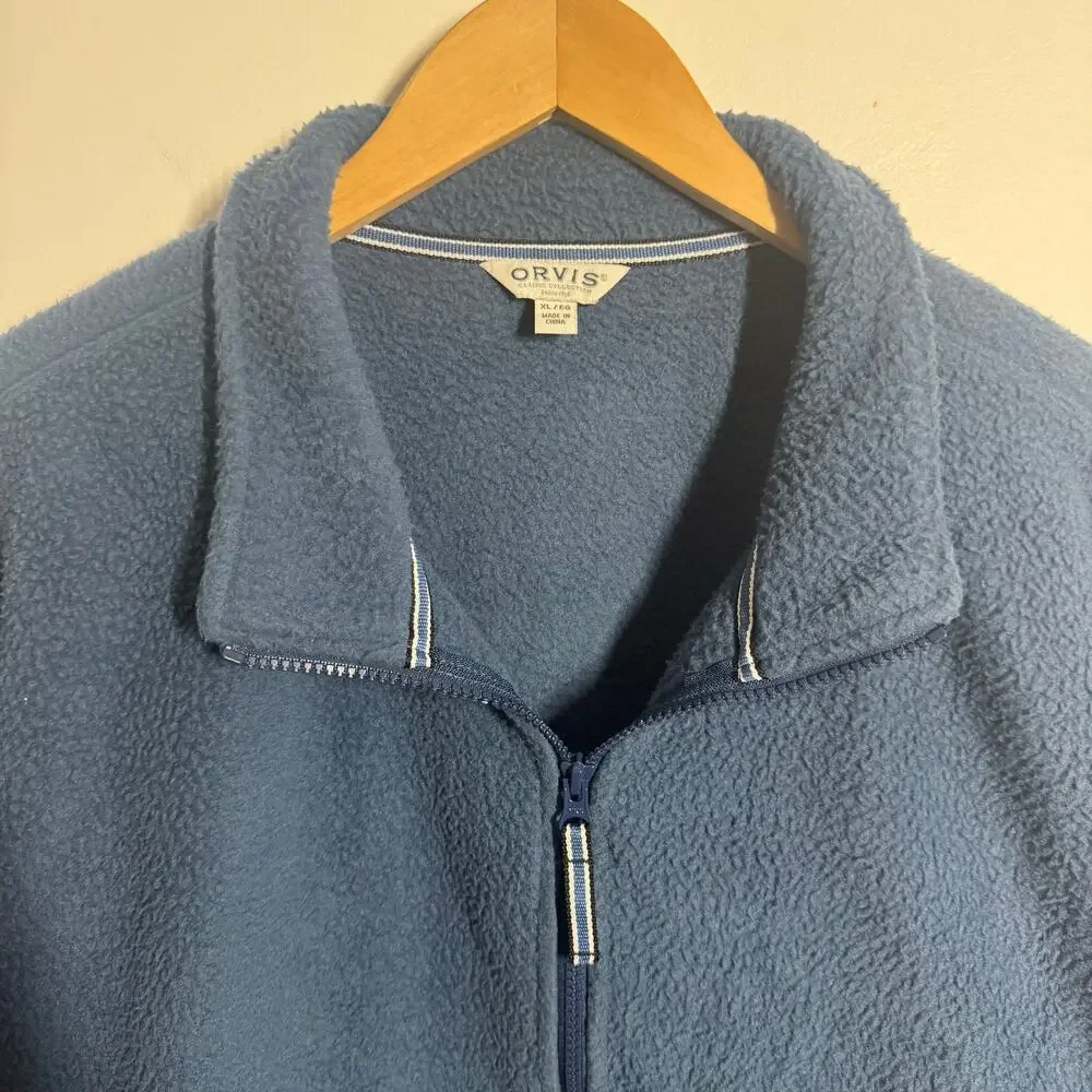Orvis Jacket Men XL Full Zip Fleece Blue Logo Patch Gorpcore Outdoor Hiking Coat